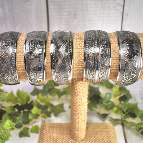 Set of 5 Vintage Bangle Cuff Bracelets - Silver Pewter - Picture 8 of 10